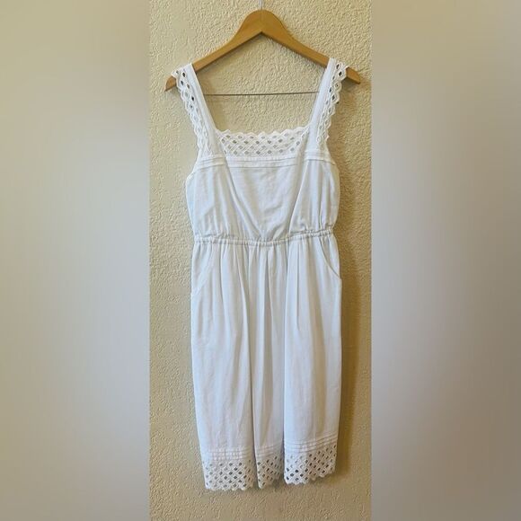 Maeve Eyelet Lace Trimmed Sundress Sz Small White Square Neck Pockets Lined - Picture 1 of 11